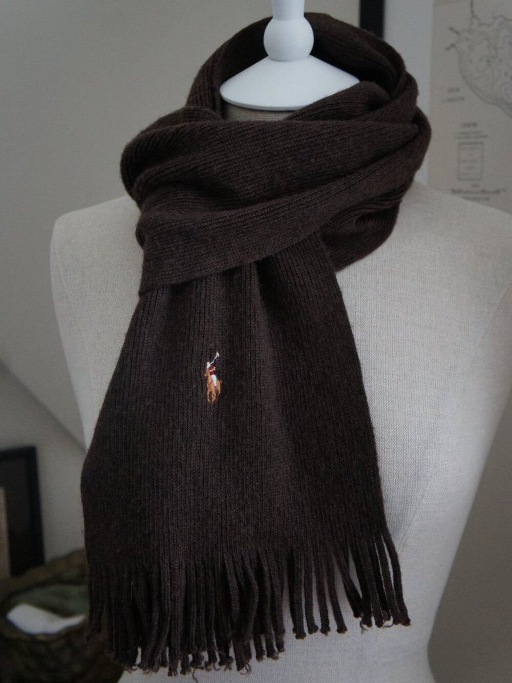 Polo Ralph Lauren 90s Vintage 100% Merino Wool Dark Brown Fringe Scarf